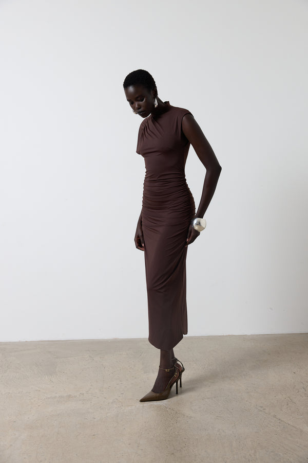 De La Vali GALLARDO MIDI DRESS IN CHOCOLATE SPANDEX JERSEY