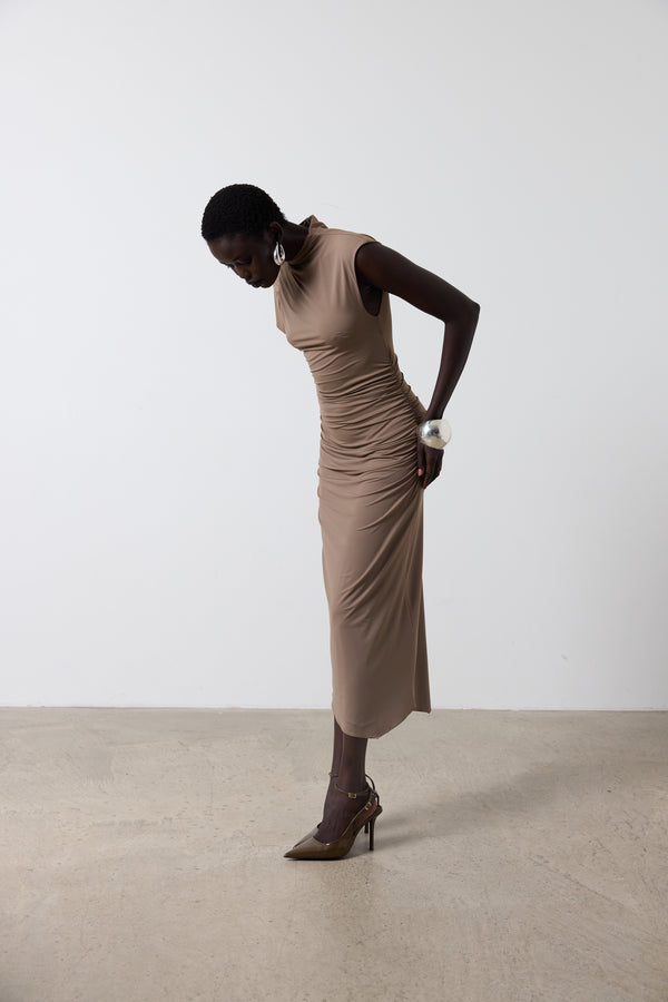 De La Vali GALLARDO MIDI DRESS IN TAUPE SPANDEX JERSEY
