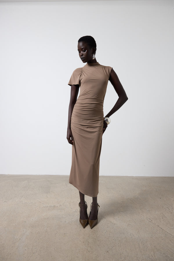 de la vali GALLARDO MIDI DRESS IN TAUPE SPANDEX JERSEY