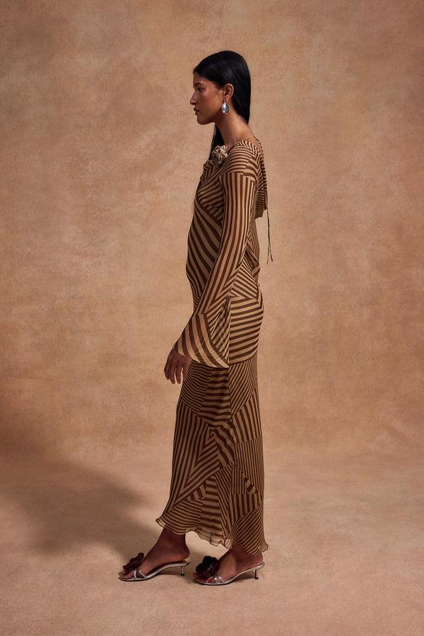 De La Vali GRACIA MIDI DRESS IN VIVID STRIPE SILK CHIFFON