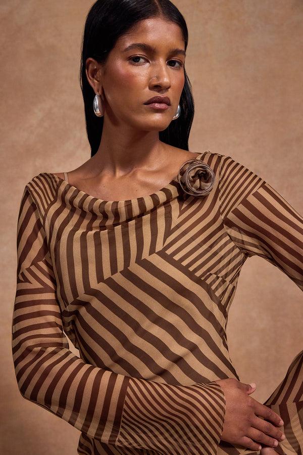 De La Vali GRACIA MIDI DRESS IN VIVID STRIPE SILK CHIFFON