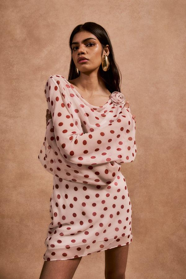 De La Vali GRACIA MINI DRESS IN IVORY RED POLKA DOT SILK CHIFFON