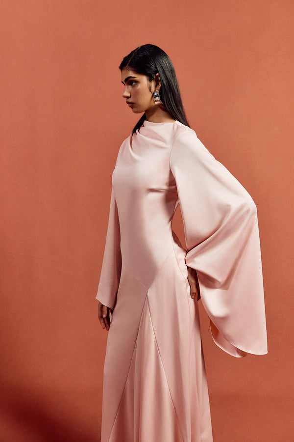 De La Vali HAUSOS MAXI DRESS IN BABY PINK SATIN CREPE