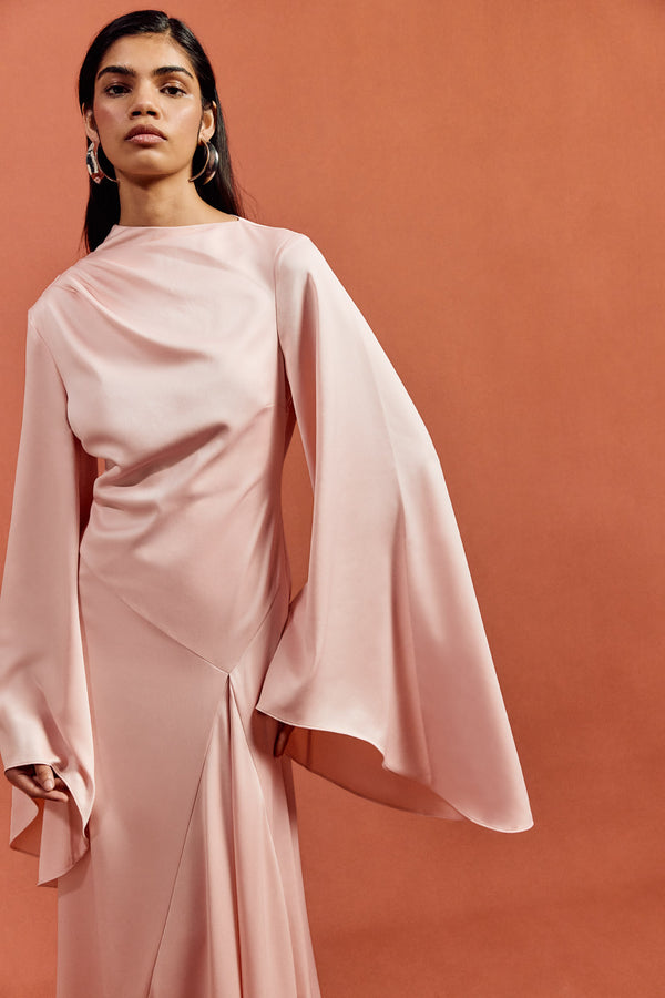 De La Vali HAUSOS MAXI DRESS IN BABY PINK SATIN CREPE