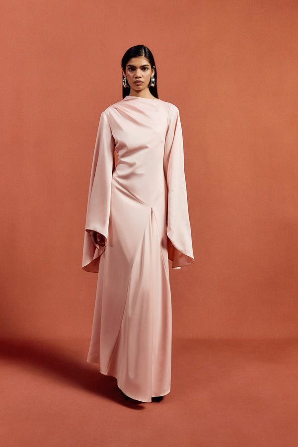 de la vali HAUSOS MAXI DRESS IN BABY PINK SATIN CREPE