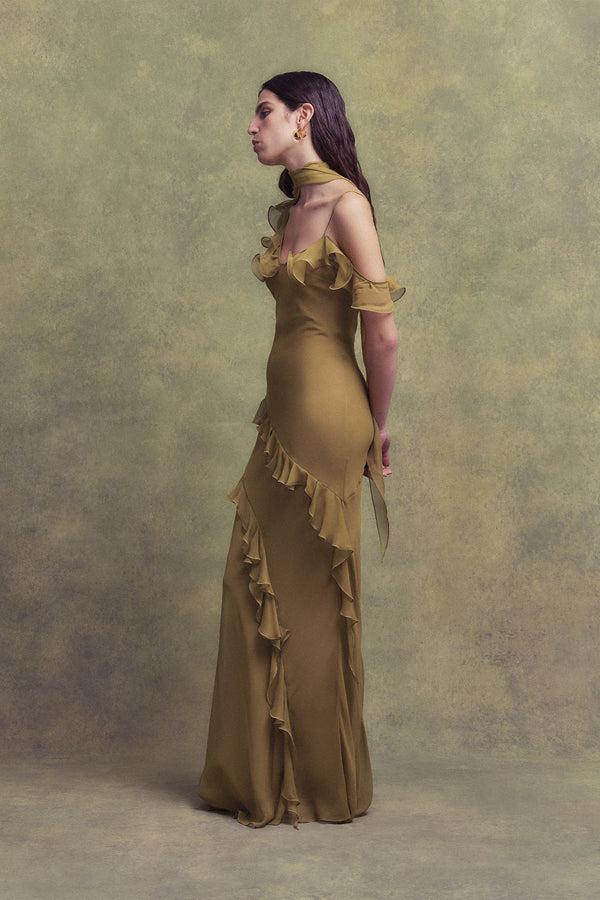 De La Vali HEMERA MAXI DRESS IN FENNEL SILK CHIFFON