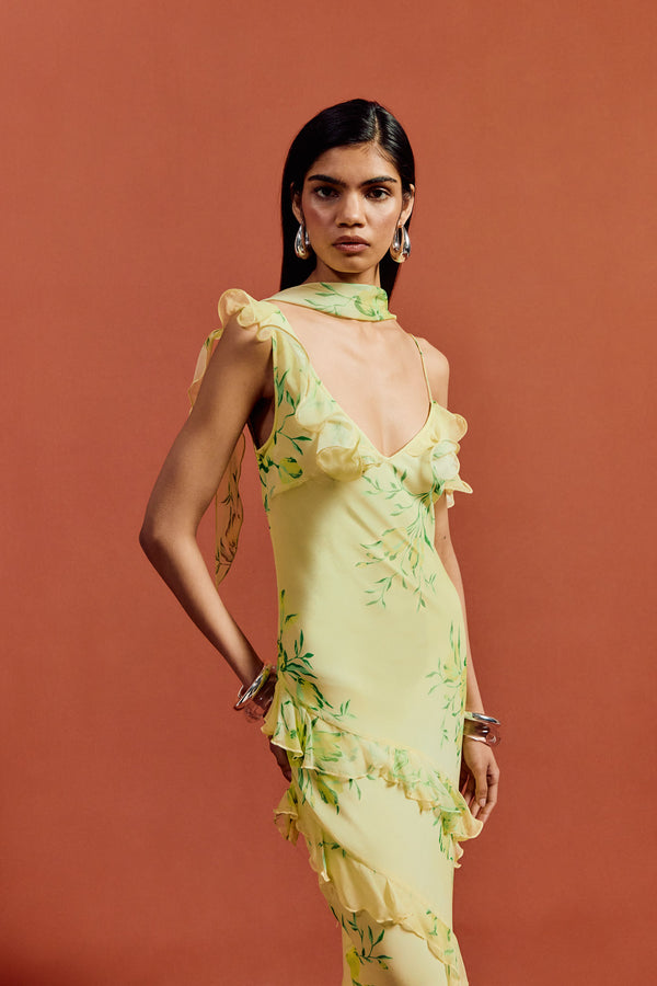 De La Vali HEMERA MAXI DRESS IN PRIMAVERA - YELLOW SILK CHIFFON
