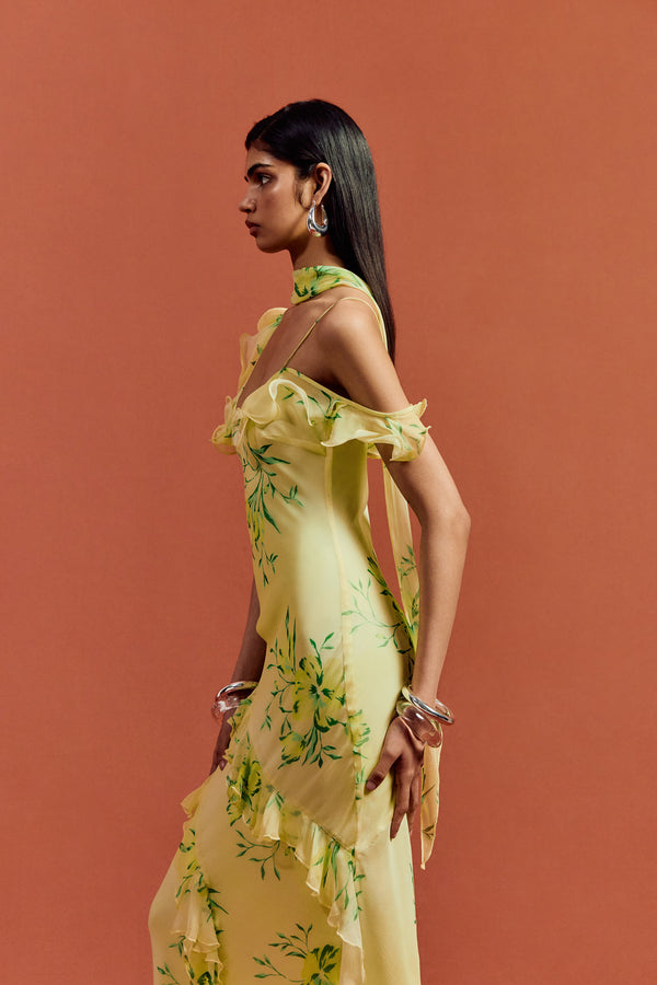 De La Vali HEMERA MAXI DRESS IN PRIMAVERA - YELLOW SILK CHIFFON