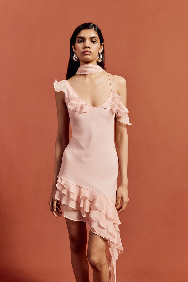 De La Vali HEMERA MINI DRESS IN BABY PINK SILK CHIFFON