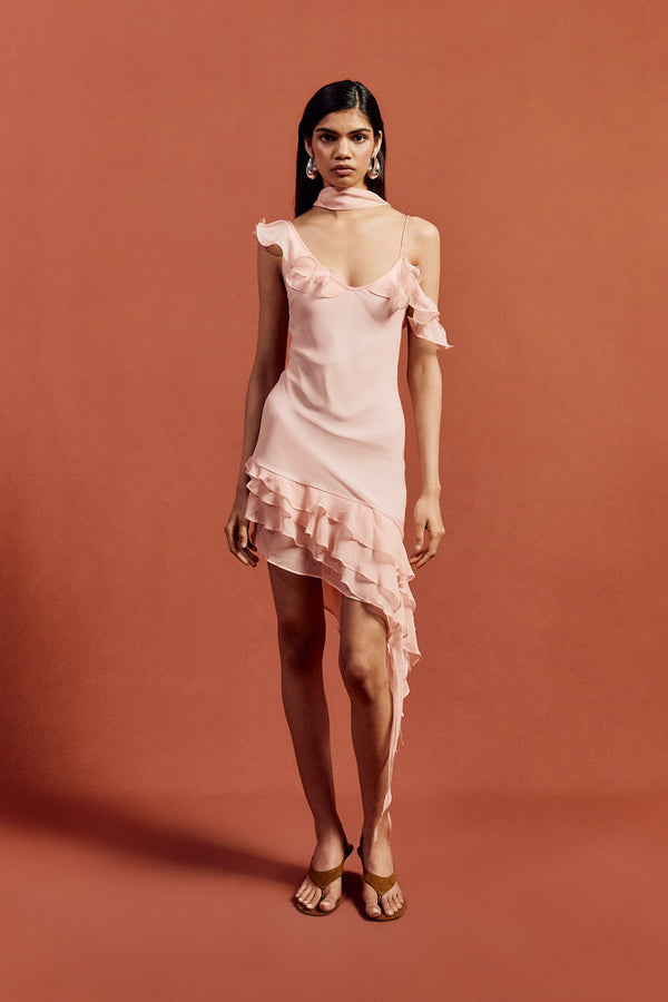 De La Vali HEMERA MINI DRESS IN BABY PINK SILK CHIFFON