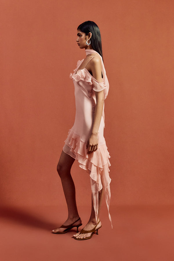 De La Vali HEMERA MINI DRESS IN BABY PINK SILK CHIFFON