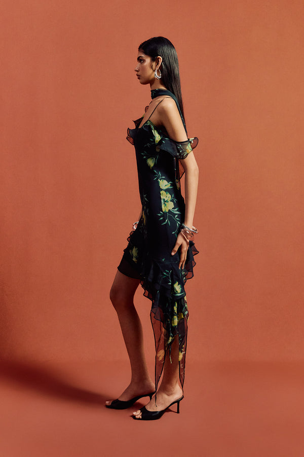 De La Vali HEMERA MINI DRESS IN PRIMAVERA - BLACK SILK CHIFFON