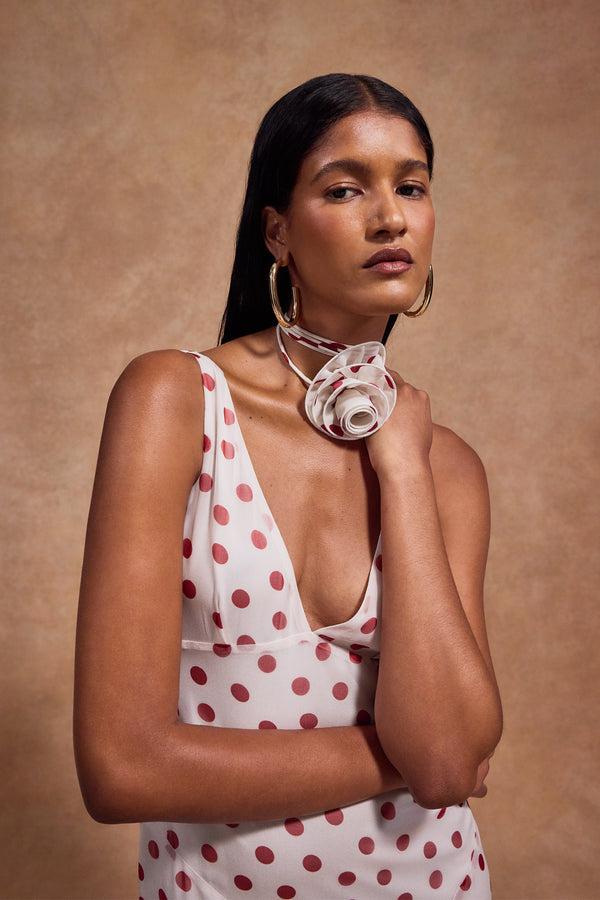 De La Vali KATJA MAXI DRESS IN IVORY RED POLKADOT SILK CHIFFON
