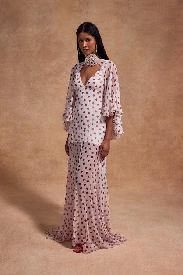 De La Vali KATJA MAXI DRESS IN IVORY RED POLKADOT SILK CHIFFON