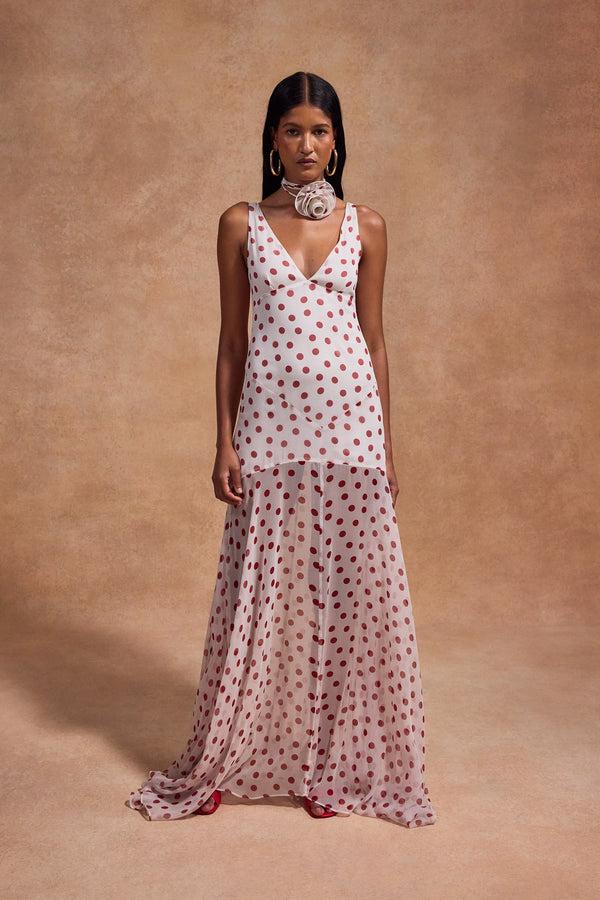 de la vali KATJA MAXI DRESS IN IVORY RED POLKADOT SILK CHIFFON