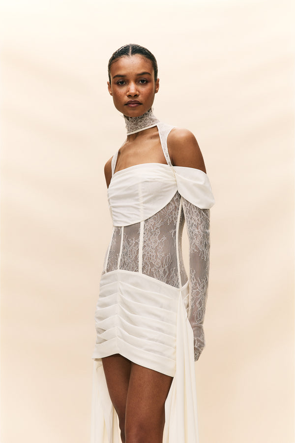 De La Vali MADELEINE MINI DRESS IN IVORY SILK SATIN