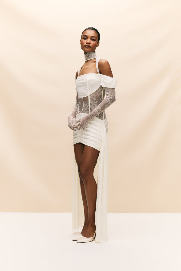 De La Vali MADELEINE MINI DRESS IN IVORY SILK SATIN