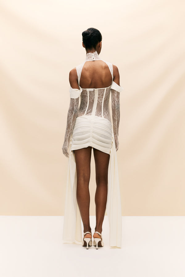 De La Vali MADELEINE MINI DRESS IN IVORY SILK SATIN