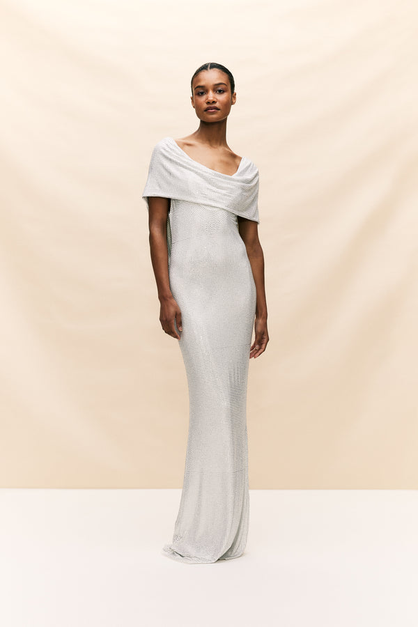 De La Vali MANHATTAN MAXI DRESS IN WHITE DIAMANTE JERSEY
