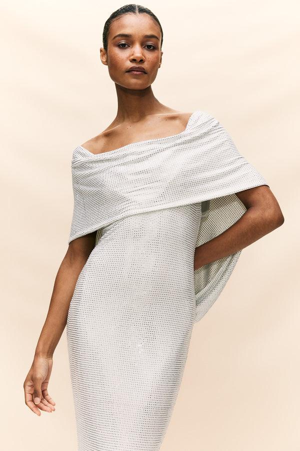 De La Vali MANHATTAN MAXI DRESS IN WHITE DIAMANTE JERSEY