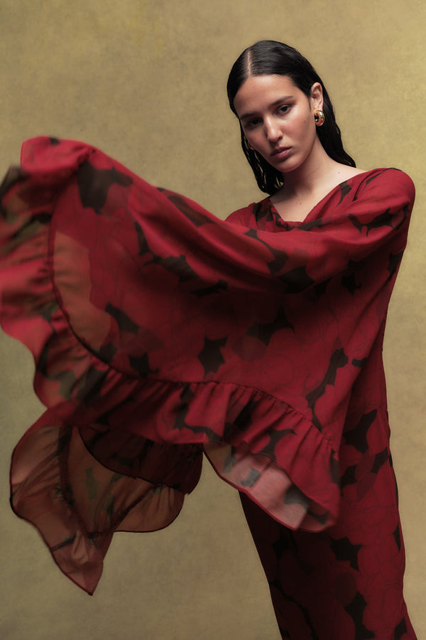 De La Vali MARA CHIFFON LONG DRESS IN SCARLET MAGNOLIA PRINT