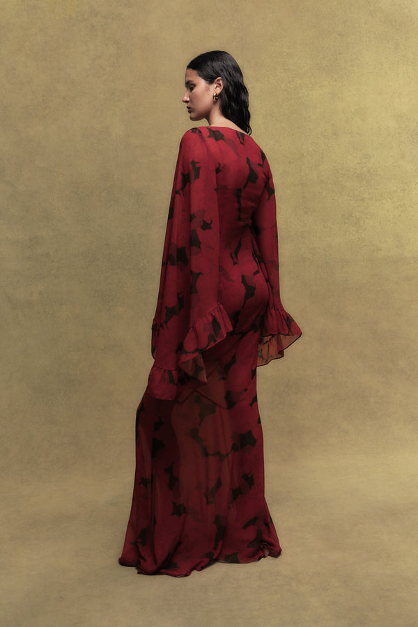De La Vali MARA CHIFFON LONG DRESS IN SCARLET MAGNOLIA PRINT