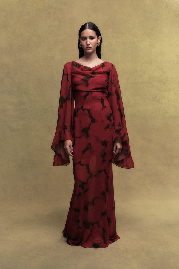 de la vali MARA CHIFFON LONG DRESS IN SCARLET MAGNOLIA PRINT