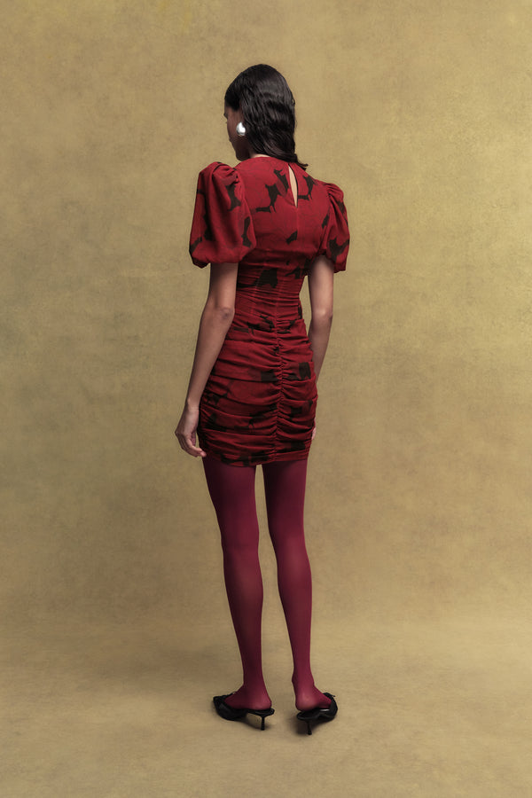 De La Vali MARCELINE CHIFFON MINI DRESS IN SCARLET MAGNOLIA PRINT