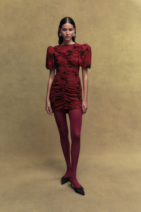 de la vali MARCELINE CHIFFON MINI DRESS IN SCARLET MAGNOLIA PRINT