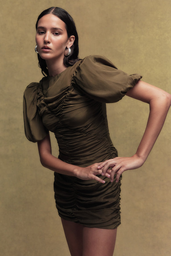 De La Vali MARCELINE CREPE DE CHINE MINI DRESS IN OLIVE GREEN