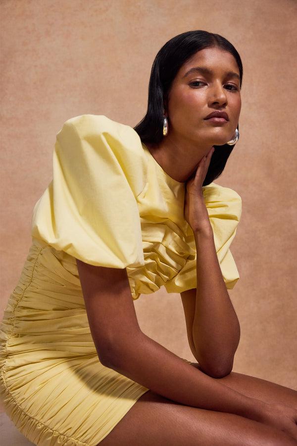 De La Vali MENCIA MINI DRESS IN SHERBET YELLOW COTTON