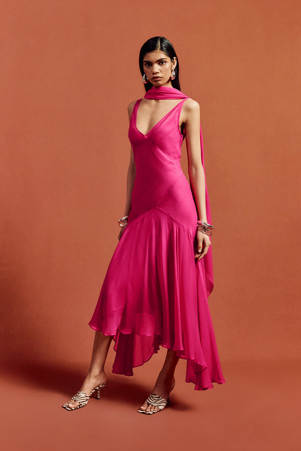 De La Vali MISTICA MIDI DRESS IN HOT PINK SILK CHIFFON