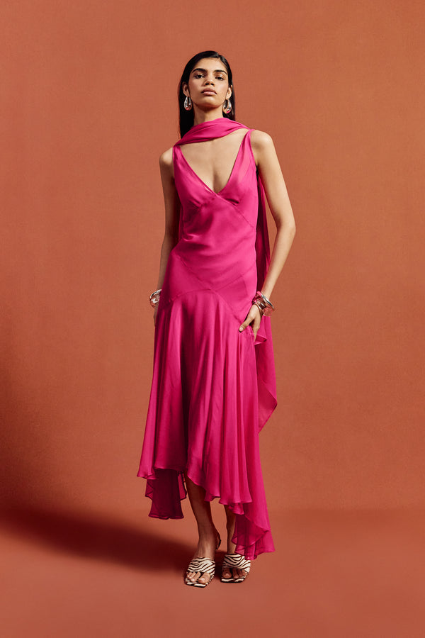 De La Vali MISTICA MIDI DRESS IN HOT PINK SILK CHIFFON