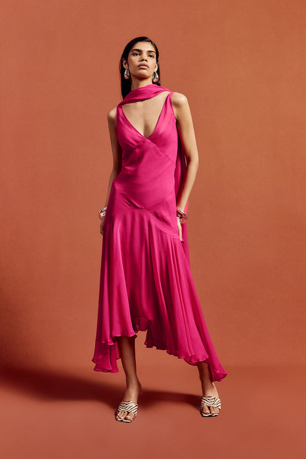 de la vali MISTICA MIDI DRESS IN HOT PINK SILK CHIFFON