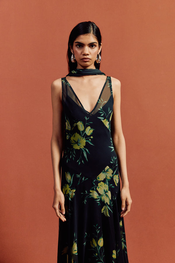 De La Vali MISTICA MIDI DRESS IN PRIMAVERA - BLACK SILK CHIFFON