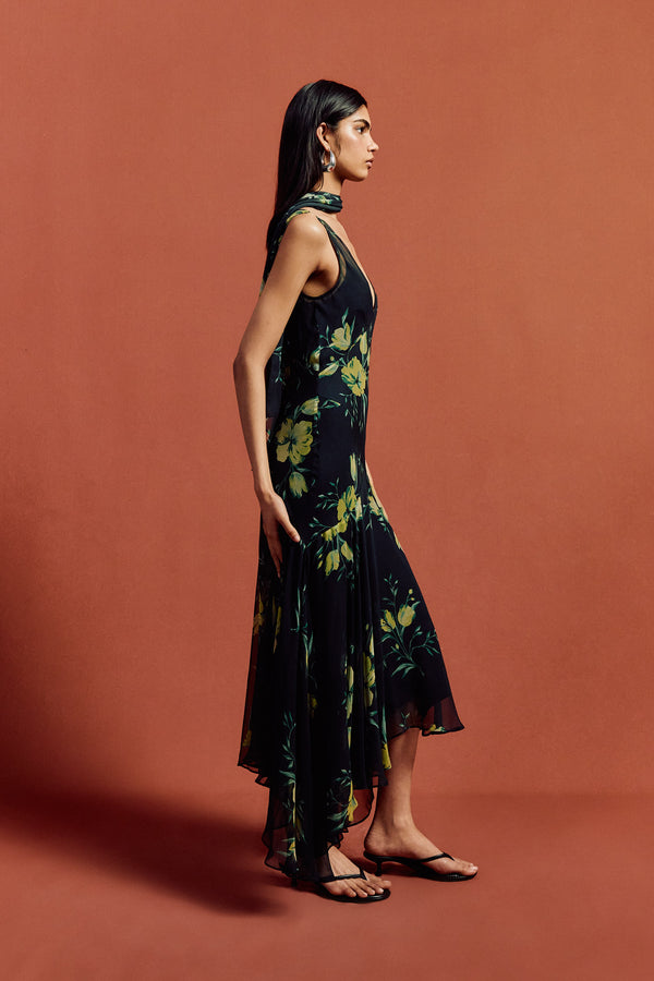 De La Vali MISTICA MIDI DRESS IN PRIMAVERA - BLACK SILK CHIFFON