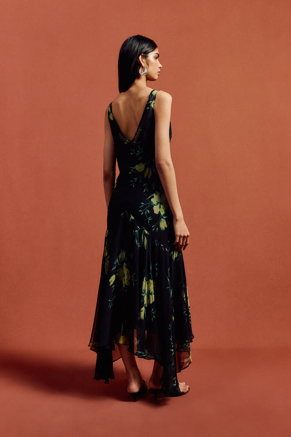 De La Vali MISTICA MIDI DRESS IN PRIMAVERA - BLACK SILK CHIFFON