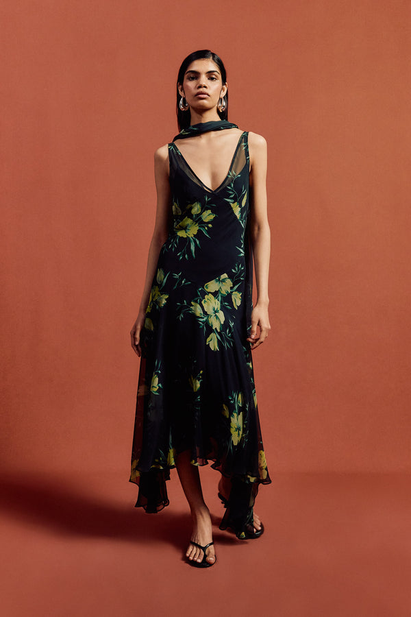 de la vali MISTICA MIDI DRESS IN PRIMAVERA - BLACK SILK CHIFFON