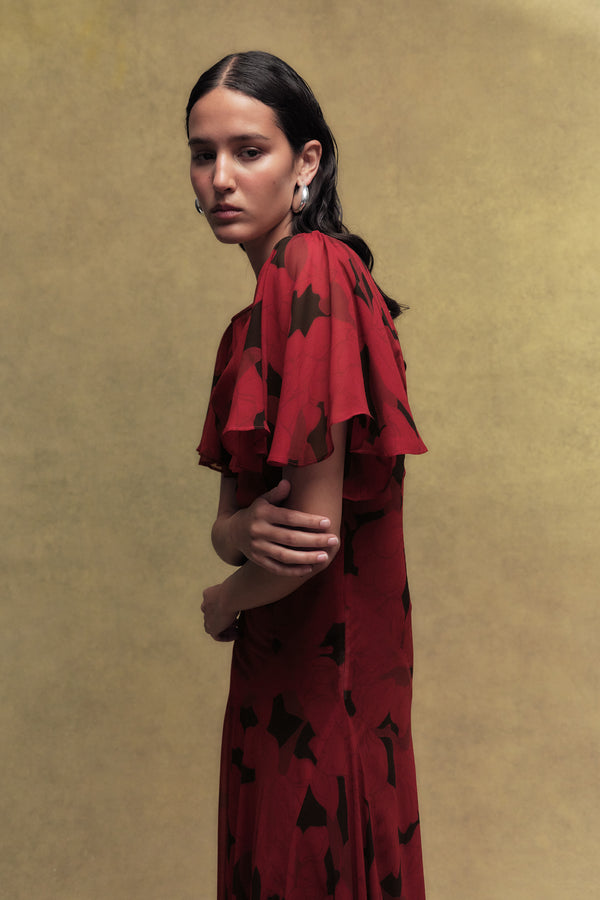 De La Vali OLIVIA SILK CHIFFON LONG DRESS IN SCARLET MAGNOLIA PRINT