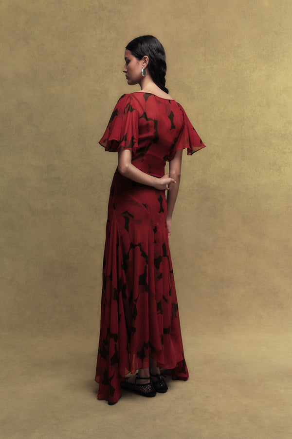 De La Vali OLIVIA SILK CHIFFON LONG DRESS IN SCARLET MAGNOLIA PRINT