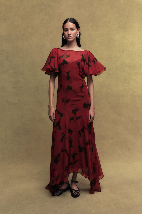 de la vali OLIVIA SILK CHIFFON LONG DRESS IN SCARLET MAGNOLIA PRINT