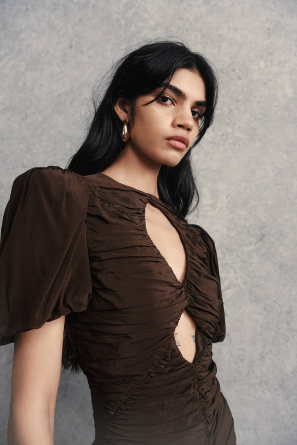 De La Vali OLYMPIA MAXI DRESS IN CHOCOLATE BROWN CREPE DE CHINE