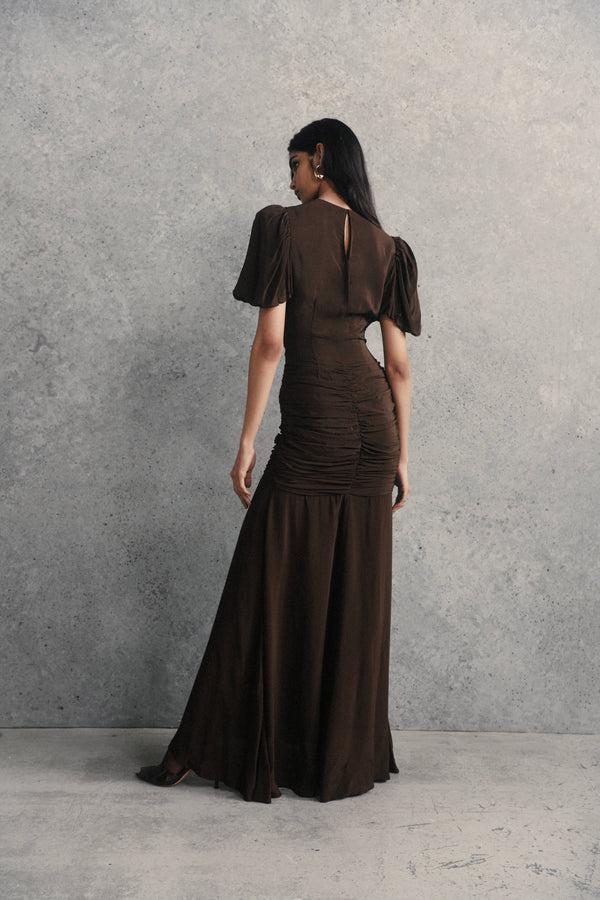De La Vali OLYMPIA MAXI DRESS IN CHOCOLATE BROWN CREPE DE CHINE