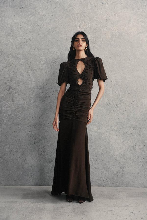 de la vali OLYMPIA MAXI DRESS IN CHOCOLATE BROWN CREPE DE CHINE