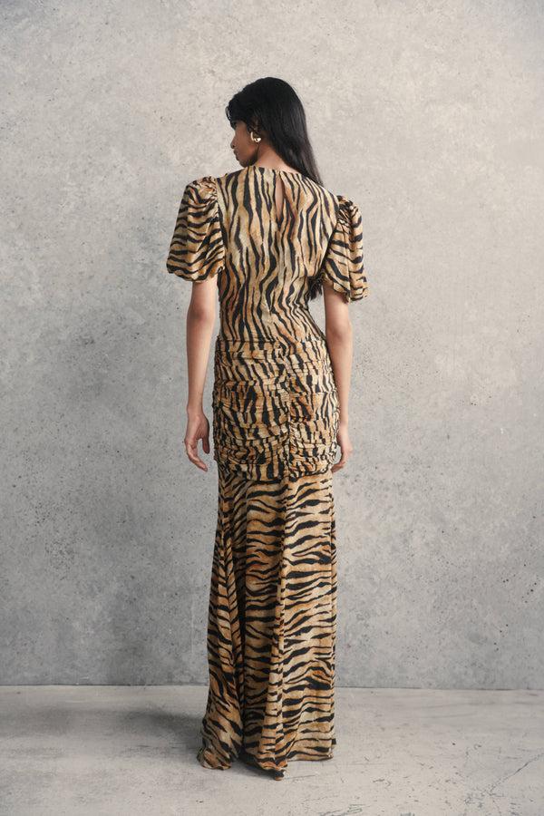 De La Vali OLYMPIA MAXI DRESS IN CHOCOLATE SALVAJE ANIMAL PRINT CREPE DE CHINE
