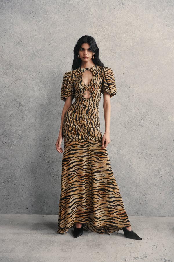 de la vali OLYMPIA MAXI DRESS IN CHOCOLATE SALVAJE ANIMAL PRINT CREPE DE CHINE