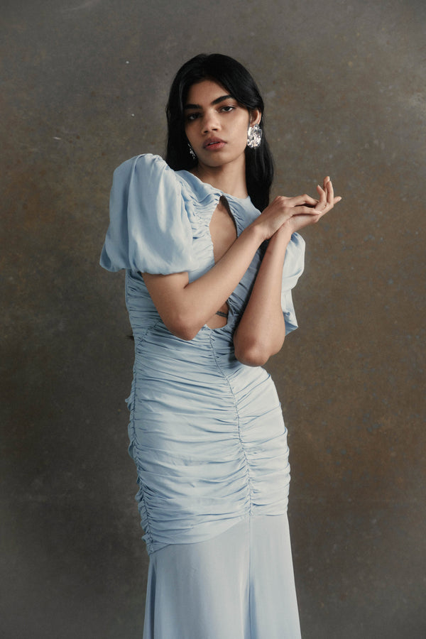 De La Vali OLYMPIA MAXI DRESS IN STEEL BLUE CREPE DE CHINE