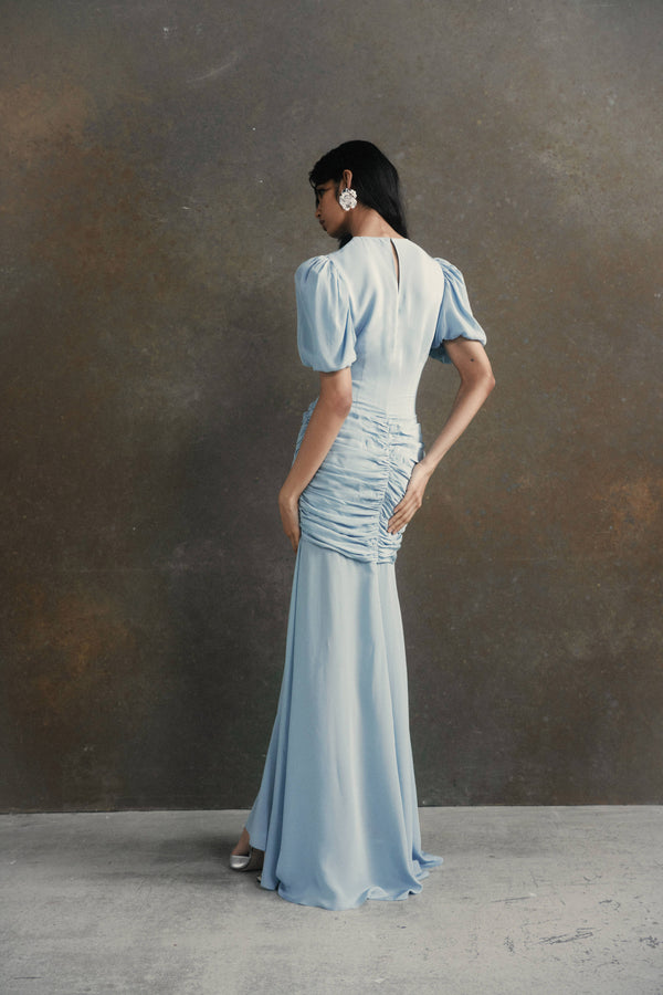 De La Vali OLYMPIA MAXI DRESS IN STEEL BLUE CREPE DE CHINE