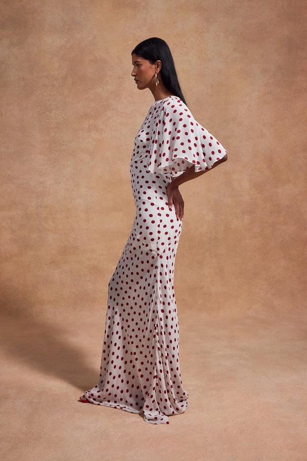 De La Vali PALOMA MAXI DRESS IN IVORY RED POLKADOT CREPE DE CHINE
