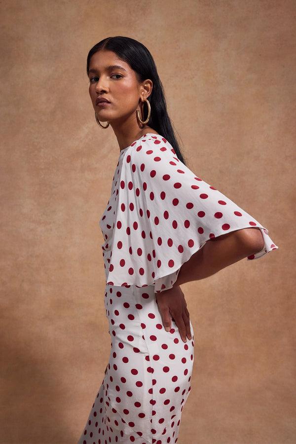 De La Vali PALOMA MAXI DRESS IN IVORY RED POLKADOT CREPE DE CHINE